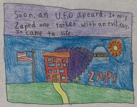 Soon, an U.F.O apeard. It only Zaped one toilet with an evil ray. It came to life.